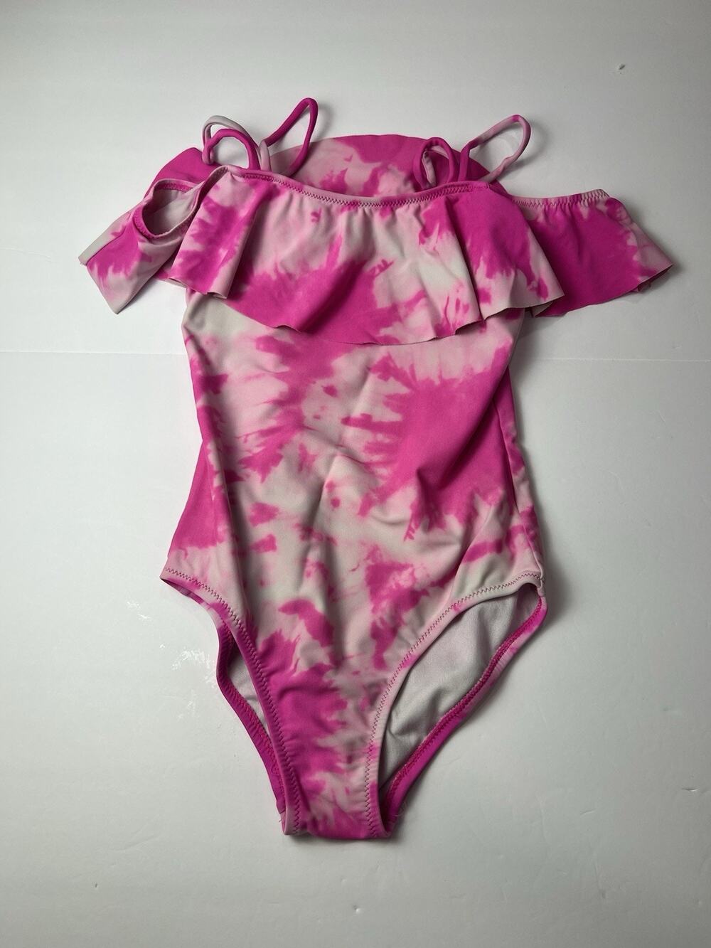 Girls Pink And White Tie Dye Off-Shoulder One-Piece Swimsuit Size 8 Off Shoulder